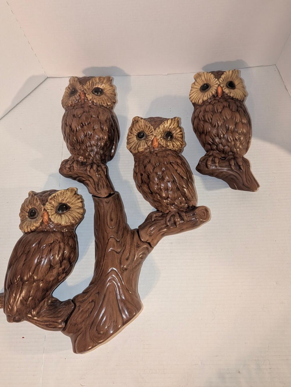 Vintage 1960's Rare Owls Perched On Log Ceramic Wall Hanging